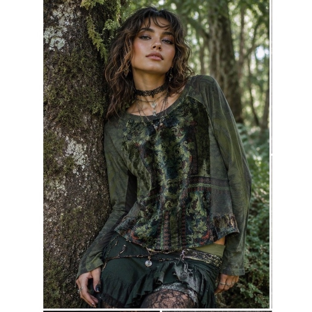 Y2K Olive Green Velvet Damask Top L Forest Fairy Grunge Whimsigoth Goblincore